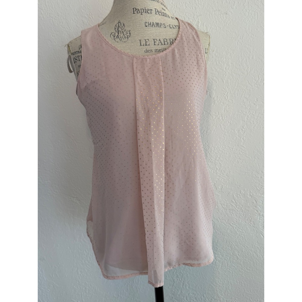 Ann Taylor Pink Gold Foil Polka Dot Pleated Mixed Media Sleeveless Blouse Small
